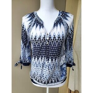 Figueroa and Flower Peasant Top Womens Petite Medium Blue White‎ Elastic Waist